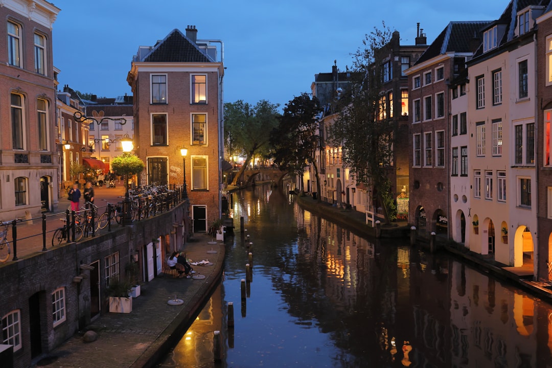 Grachtenpanden in Utrecht bij avondlicht.